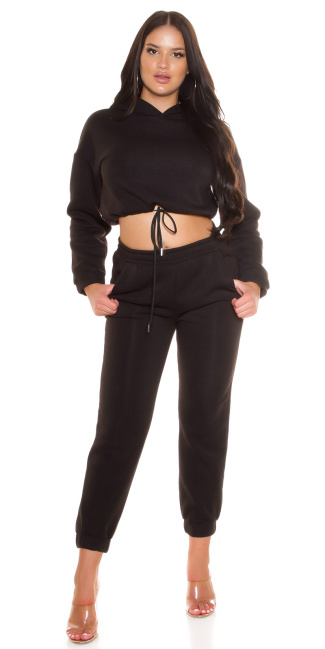 sporty 2piece set-crop hoodie en broek zwart